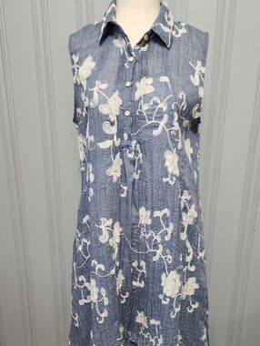 Sleeveless Blue Embroidered Button Front Dress